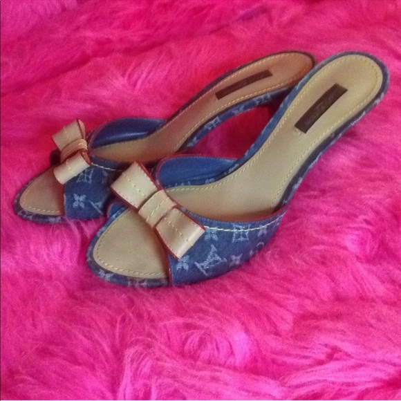 Louis Vuitton Shoes - Louis Vuitton Denim Heels Mules Shoes Slides Bow